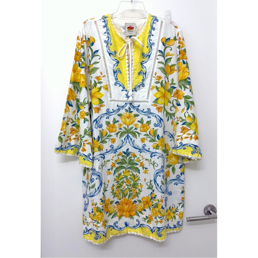 Farm Rio Sicily Scarf Lemon Print Mini Dress Yellow Fruit Floral Linen L - Picture 2 of 16